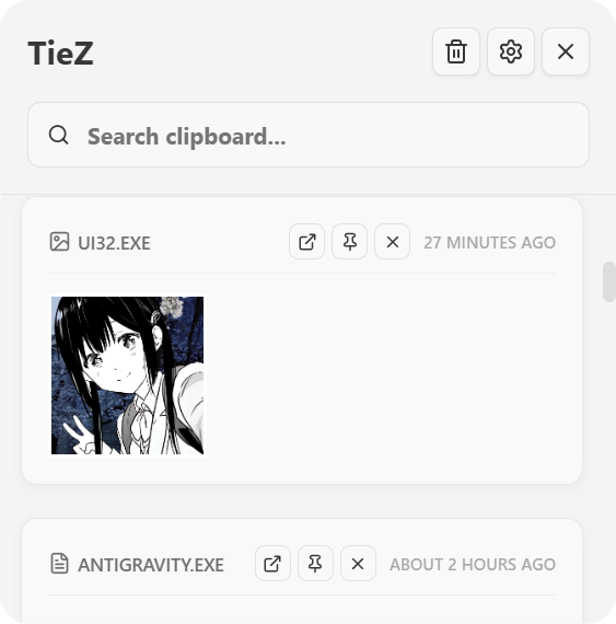 Tiez Clipboard Manager Interface - Minimalist design showing clipboard history, search functionality, and organized content management